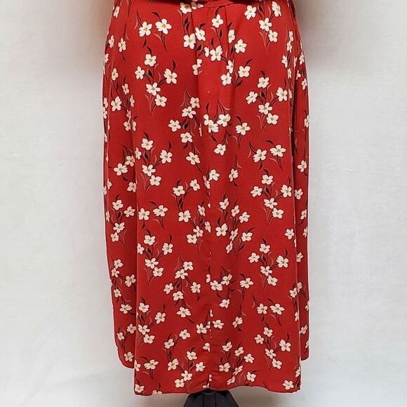VINTAGE Red White Floral Boho Smocked Sleeve Keyhole Belted Maxi Dress Large - Picture 11 of 12